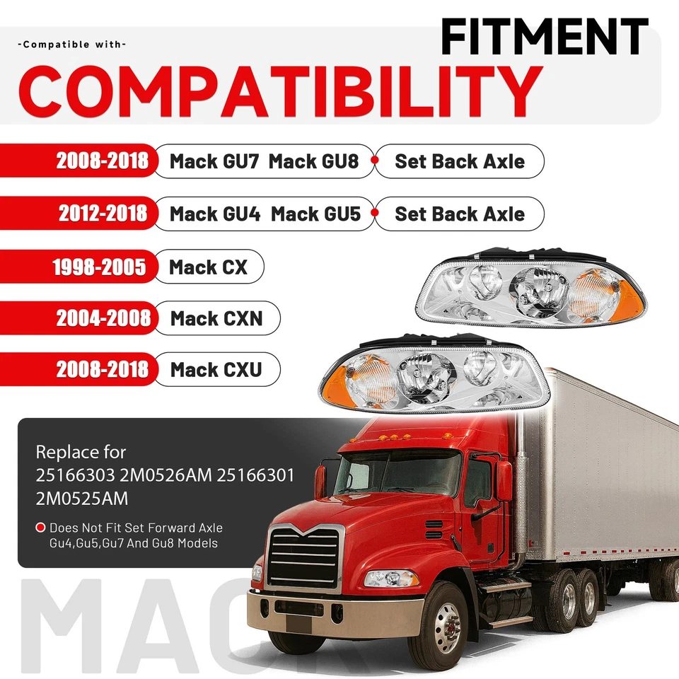 For Mack CX CXN CXU 98-18 GU4 GU5 GU7 GU8 08-18 Pair of Headlights Headlamps - Image 2 of 4