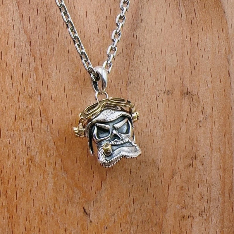 Plata de Ley 925 y Latón Piloto Calavera Colgante Motociclista Gafas Cigarro Dije Gótico Foto 2 de 3