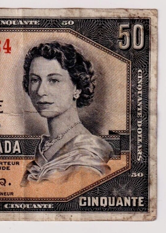 CANADA $50 1954 BC-34a / P-71a  QE II Circulated DEVIL'S FACE 👿   A/H 0663884 - Image 3 of 3
