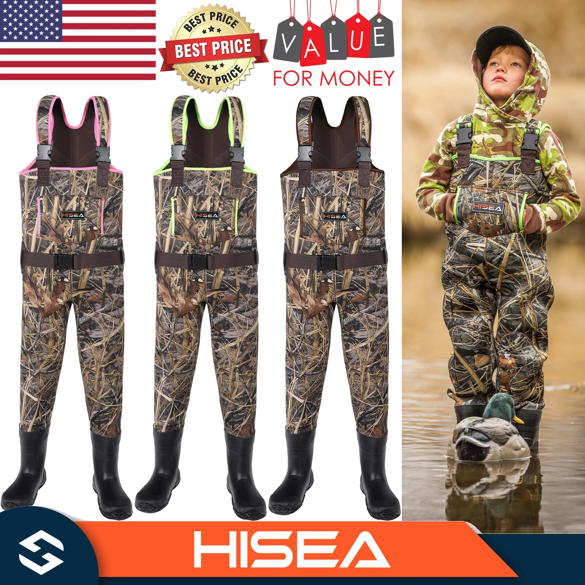 HISEA Kids Chest Waders with Insulated Boots Fishing Hunting Wader Boot Rainwear