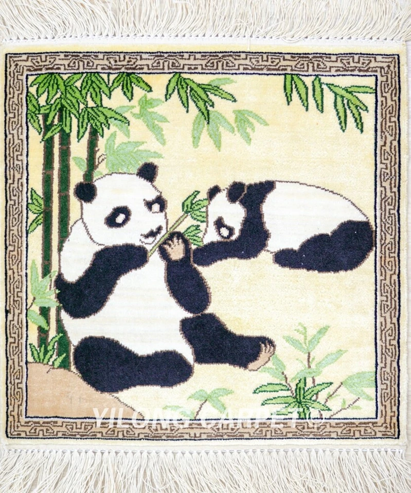 1'x1' Small Handmade Silk Carpet Panda Tapestry High Density Indoor Rug 018H - Image 4 of 4