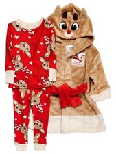 Infant Toddler Boys Red Plush Rudolph Bath Robe Pajamas Sleep Set