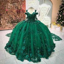 Emerald Green Quinceanera Dresses 3D Flowers Appliques Beaded Backless Ball Gown