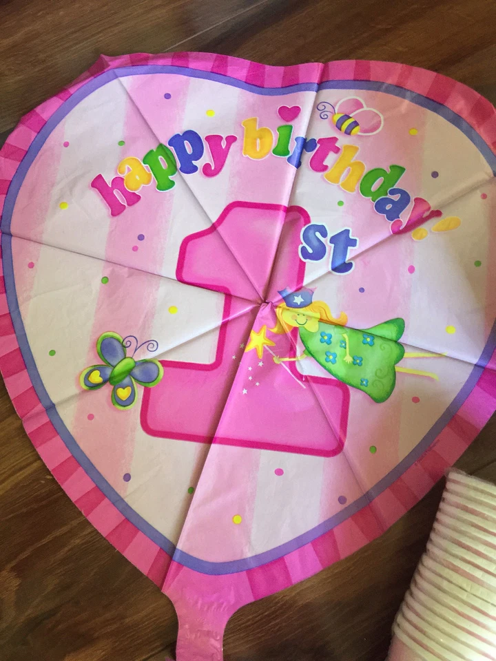 6 PC GIRLS 1ST FIRST BIRTHDAY PARTY SUPPLIES princess BALLOON CUPS NAPKINS SIGN - Image 2 of 4