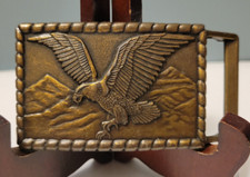Vintage Soaring Eagle Over Mountains Brass Belt Buckle Rectangle