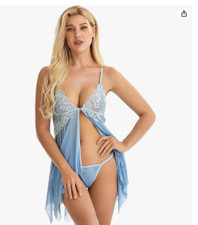 Women  s Lingerie Babydoll Front Closure Medium Blue Lace Chemise V Neck Mesh