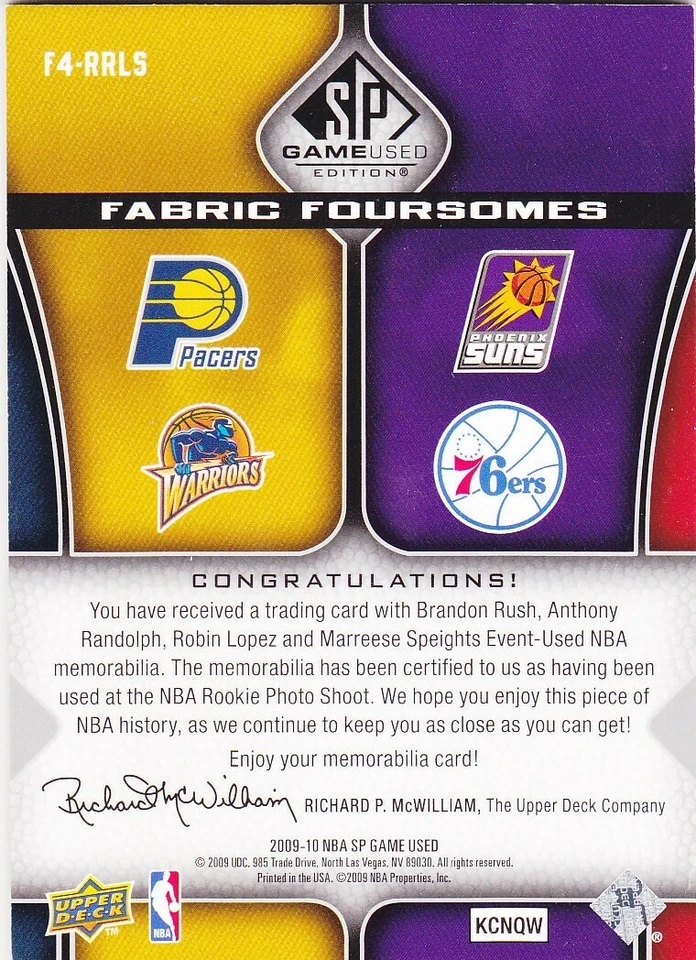 2009-10 UD NBA SP Game Used Fabric Foursomes #108/199 Rush, Randolph, Lopez + 1 - Image 2 of 2