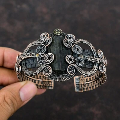 Black Tourmaline Rough Wire Wrapped Adjustable Cuff Handcrafted Copper Ethnic - Image 1 of 4