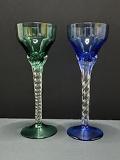 2 Vintage Blefeld Crystal Twisted Stem Champagne Glasses Green And Blue