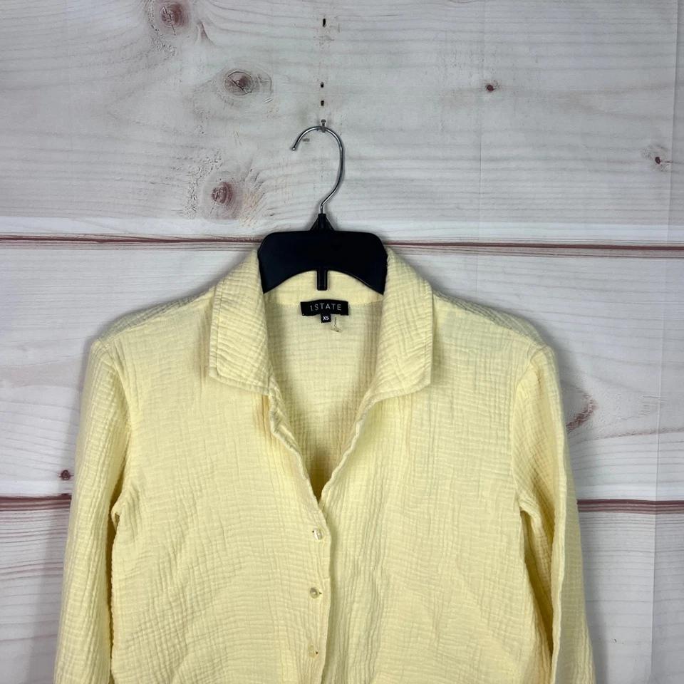 1 State Top Mujer XS Amarillo Camisa Abotonada Algodón Gasa Corbata Cintura Manga Larga Foto 2 de 4