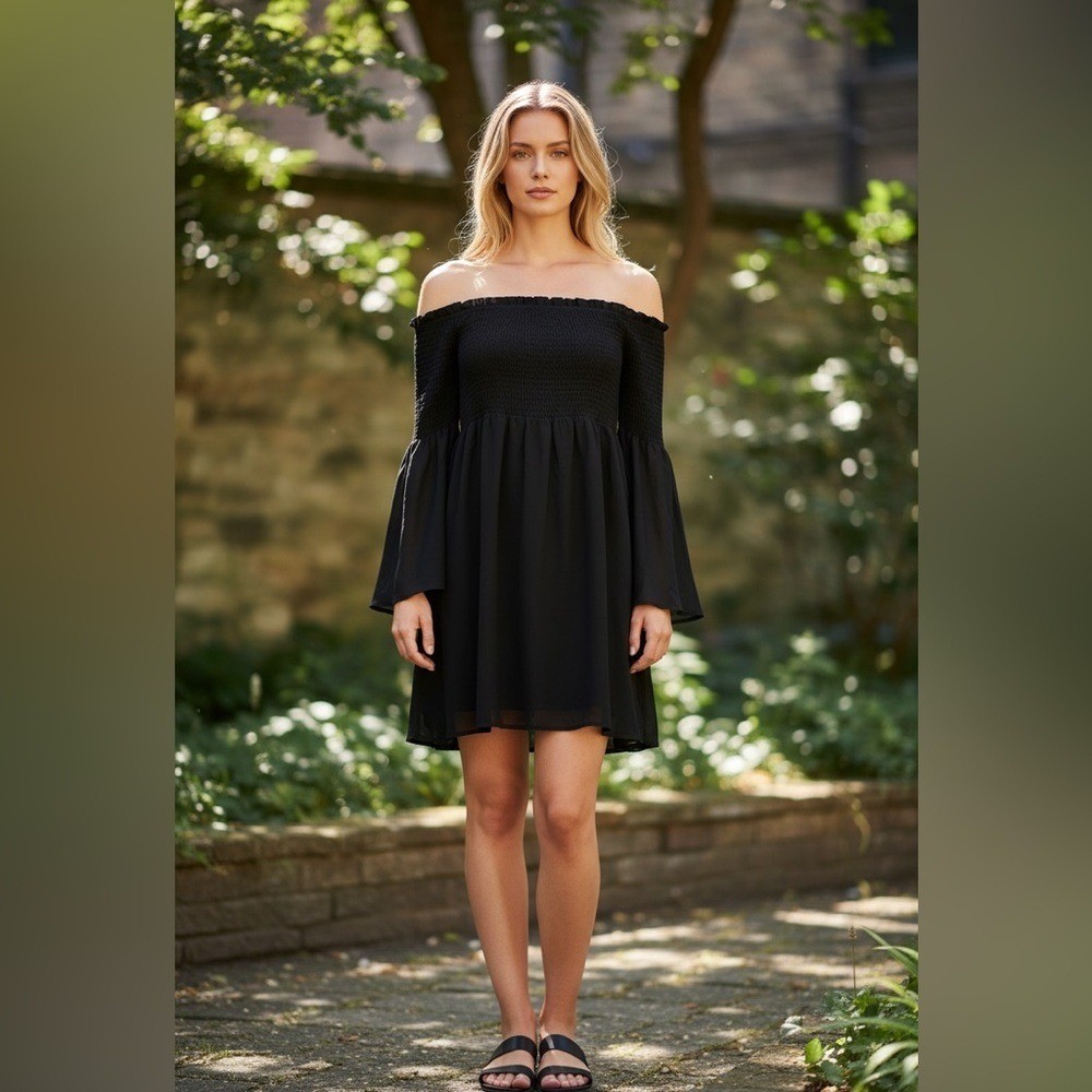 Black Smocked Boho Mini Dress Off Shoulder Bell Sleeve Large Whimsigoth