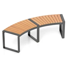 Backless 2-Person Patio Curved Bench w/ Slatted Seat & Metal Legs Oil Painted