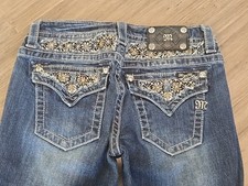 Miss Me Floral Bootcut Embelished Womens Blue Denim Medium Wash Mid Rise