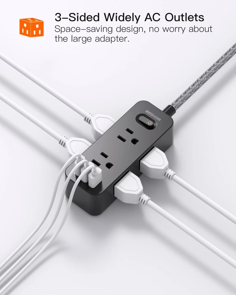 BESHON 25ft Power Strip Surge Protector 6 Outlets 3 USB, 1 USB-C, 3-Sided, Black - Image 4 of 4