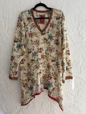Johnny Was Sz M Dress Beige Floral Cotton Asymmetrical Shark Bite Hem LKNEW