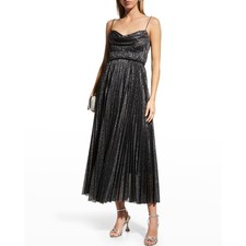 Lela Rose Women's Black Metallic Pleated Cowl-Neck Midi Dress Size 10