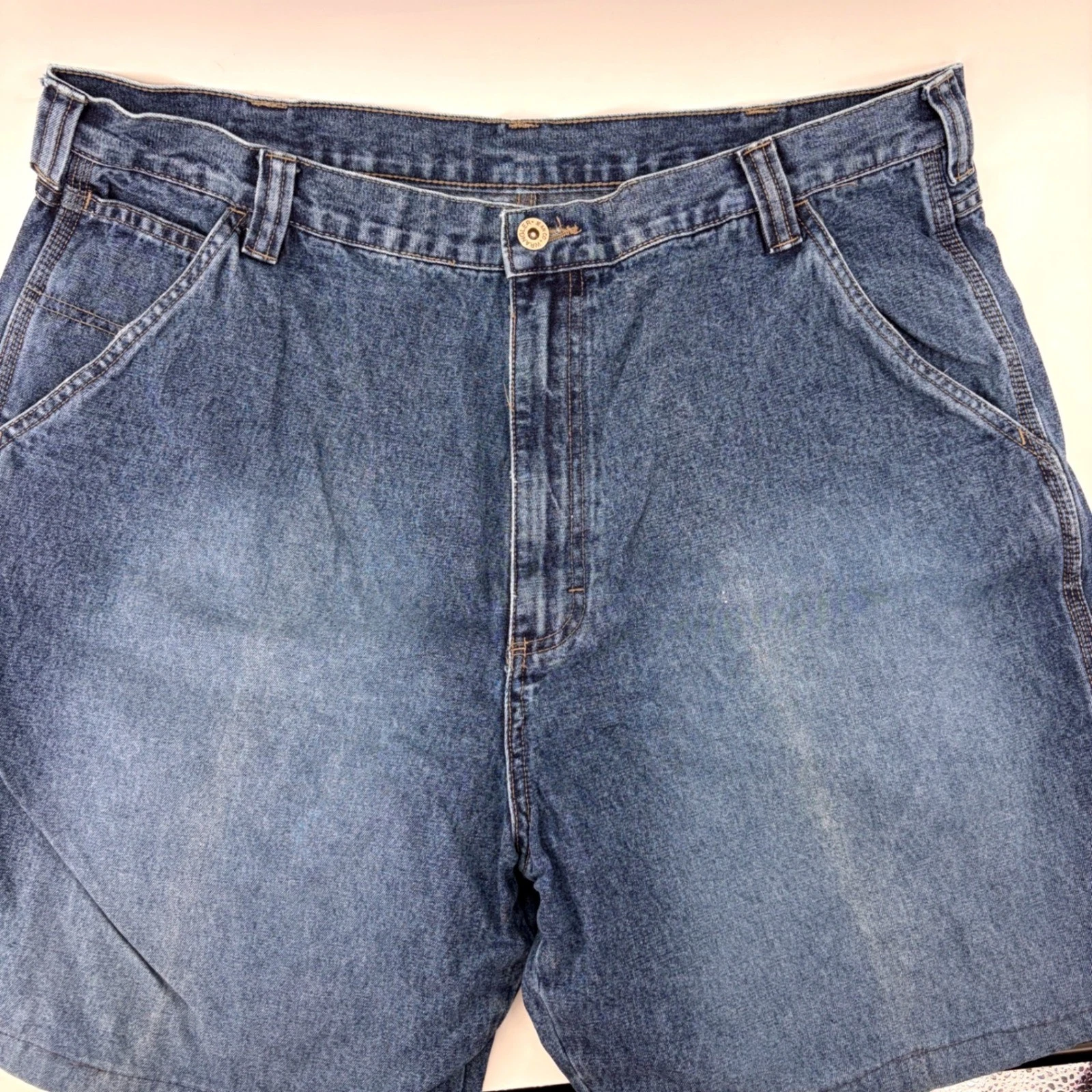 Y2K Wrangler Shorts Mens 38 Blue Denim Carpenter Jorts Relaxed Fit Utility 7"