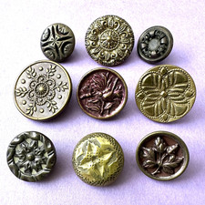 9 Antique Metal Buttons - All Different Pictures/Patterns - Variety of Colors