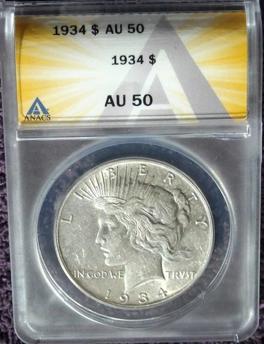 1934 SILVER PEACE DOLLAR ANACS AU50