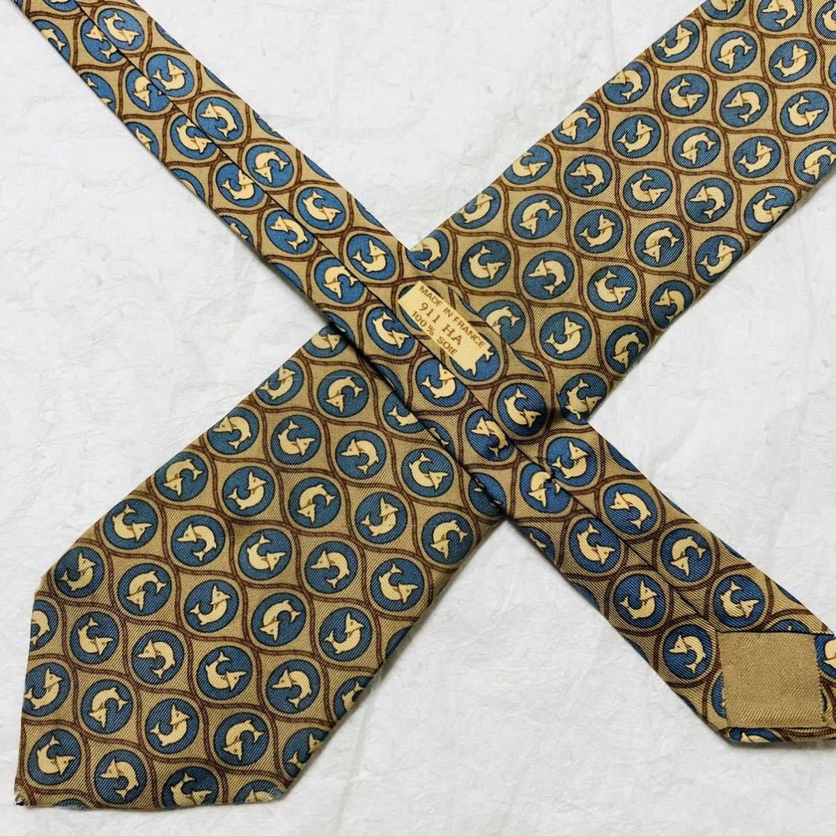 HERMES tie checkered pattern fish pattern silk be… - image 5