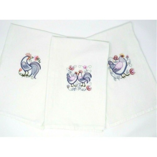 Kitchen Tea Towels Purple Rooster And Hen Set Of 3 Embroidered 5 X 5" Design New - Picture 10 of 12