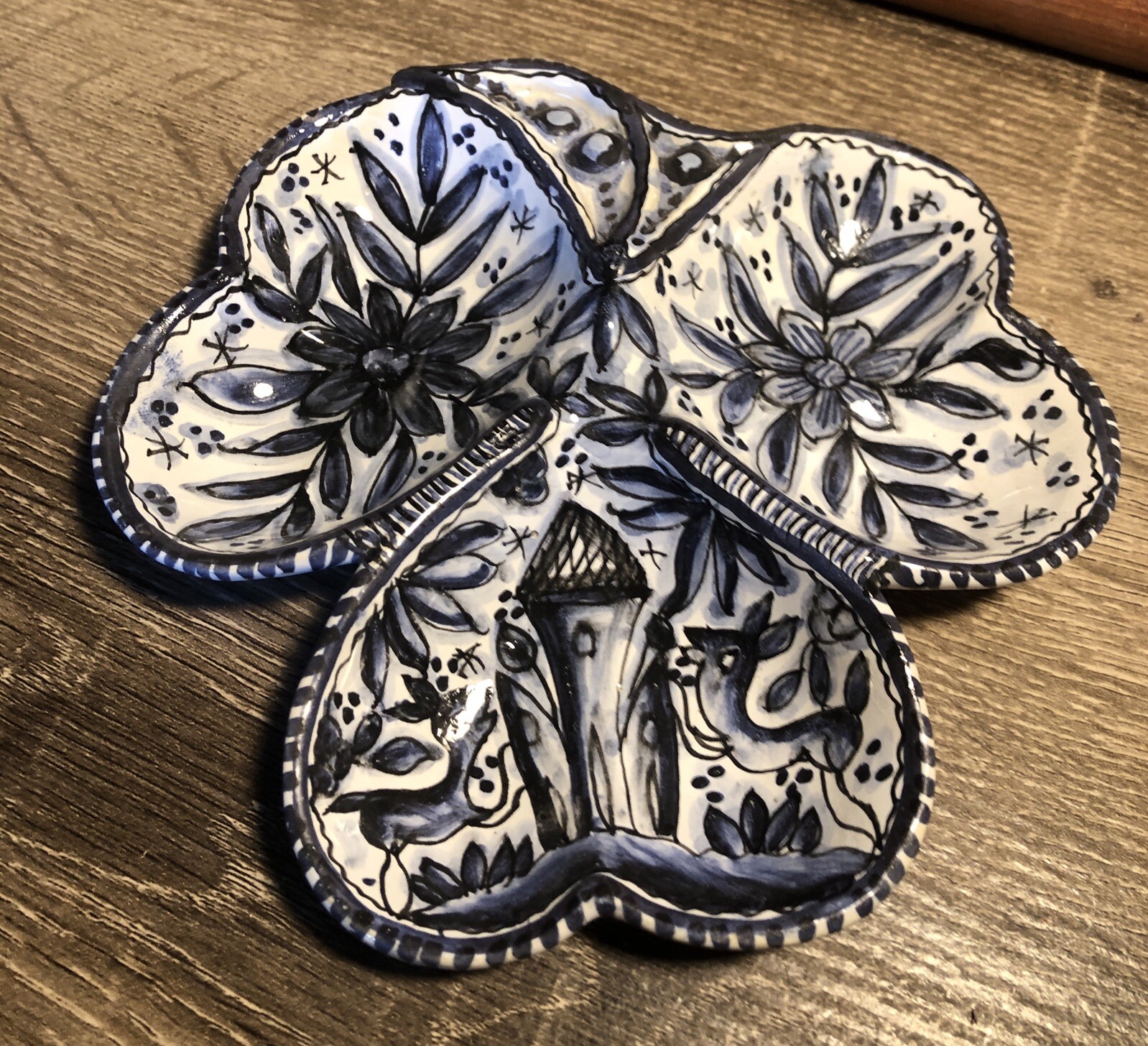 Coimbra Ceramica Portugal Clover Blue White Trinket Dish Vintage Signed Rare B9