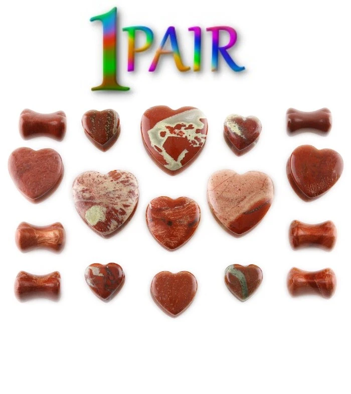 Par de enchufes de piedra corazón jaspe rojo 8g-25mm Doble Llamarada Medidores Túnel 1492 Foto 2 de 3