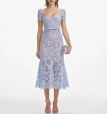 Women Self-Portrait Blue Lace Short Sleeve A-line Midi Dress