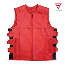 Mens SWAT Style Red Leather Motorcycle Vest   Tactical Biker Vest, Black Lining