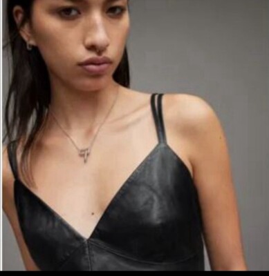 AllSaints 100% Lamb Leather Black Sloane Cami Cropped Bra Top Size 12 NWT