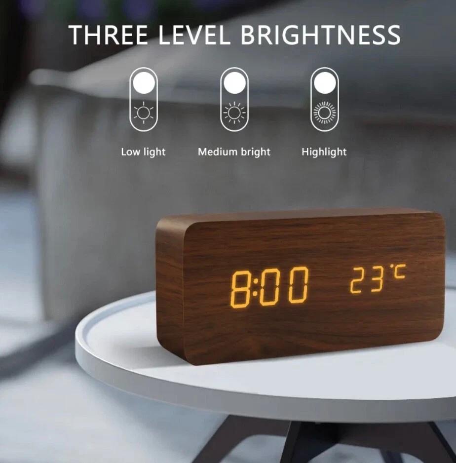 Eco-Friendly Wooden LED Alarm Clock with Voice Control - USB/AAA Battery Powered - Image 2 of 4