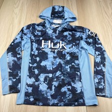 Huk Mens Blue Camouflage Pattern Long Sleeve Performance Fishing Hoodie Size S