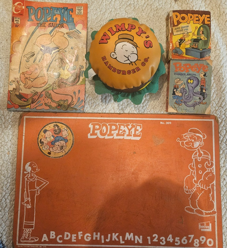 Vintage Popeye comic & two little books 1949, 1969 & Wimpy burger, 1978 c/board