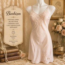 Vintage 1960s Barbizon Blush Pink Chemise Slip Lace Medallion Applique Small