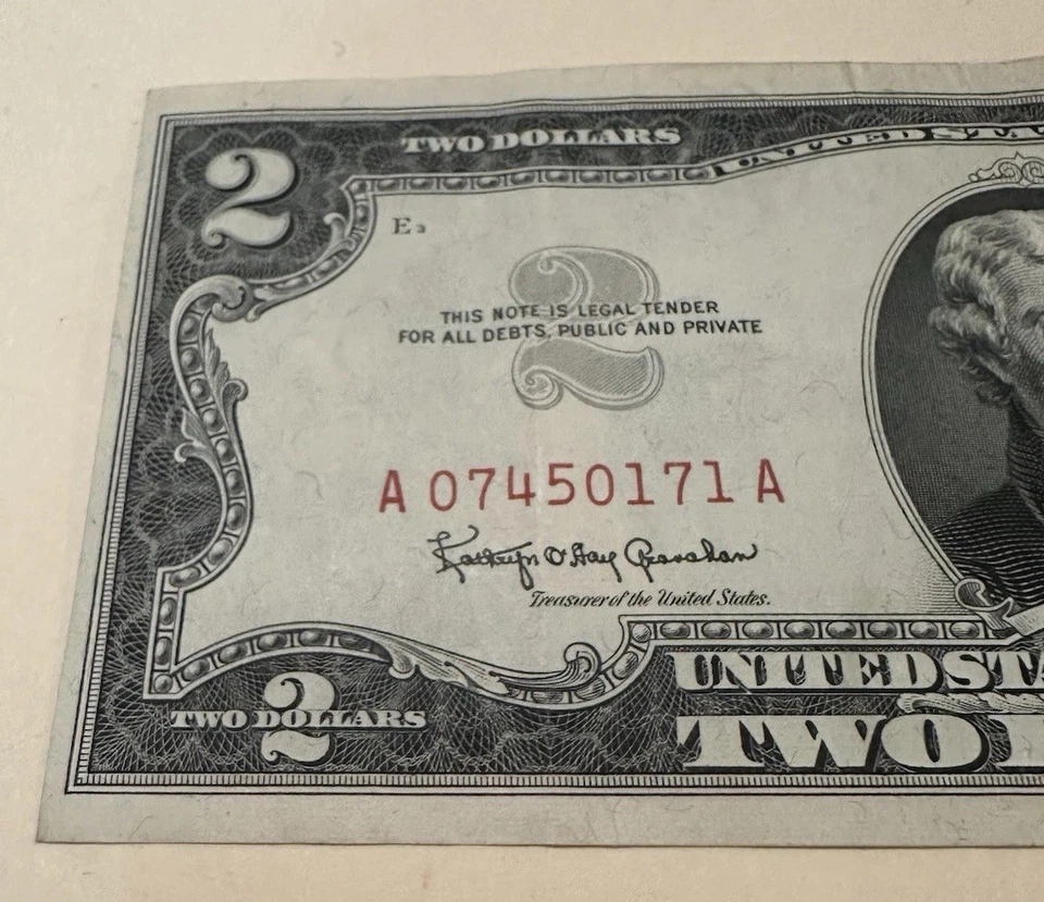 Two Dollar Bill 1963 Fancy Serial Number Very Low Off-Center Cut Red Stamp - Image 2 of 4