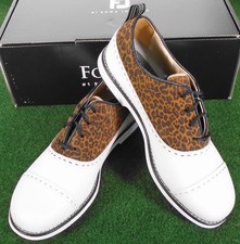 NIB Women's Footjoy DryJoys Premiere Cap Toe Golf Shoes, White / Leopard, 99042