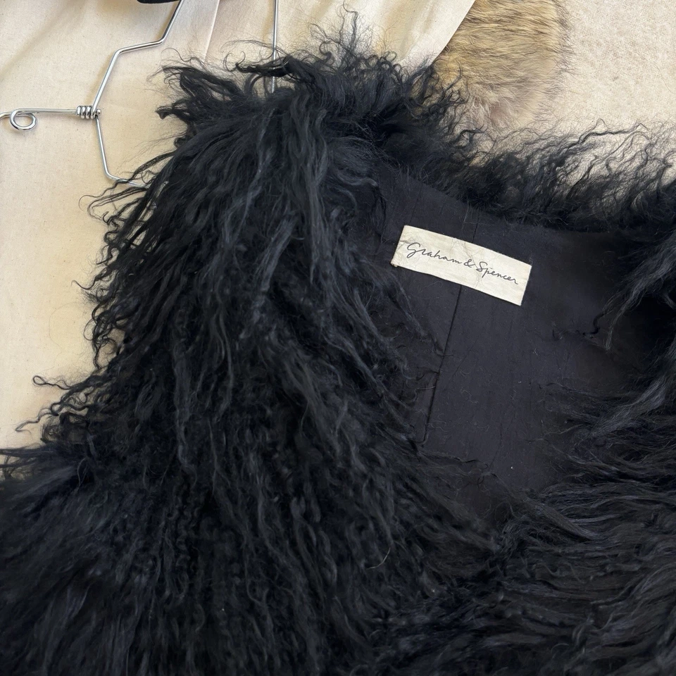 Black Mongolian Lamb Fur Mini Vest XS Gothic Fashion Elegant Coat - Image 2 of 4