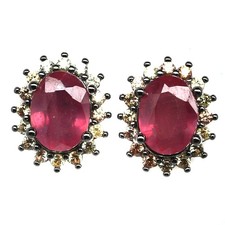 925 Sterling Silver 6 x 8 MM. Red Ruby Fancy Color Sapphire Two Tone Earrings