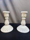 VTG Fenton Country Farmhouse Hobnail Milk Glass Candlesticks