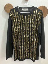 Vintage Victoria Harbour Black Gold Beaded Sequin Sweater Retro Size Medium