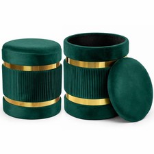 Set 2 Pouf Contenitore Verde con Rivestimento Velluto Morbido Sgabelli Moderni