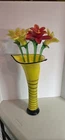 ​Vtg Murano Style Art Glass Vase Yellow Black Stripe 5 Hand Blown Lily Flowers