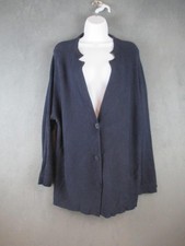 Eileen Fisher Cardigan Sweater Womens 1X Blue Silk Cotton Button Pockets Knit