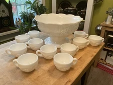 Vintage MCKEE Thatcher Panel Grape Milk Glass Punch Bowl Pedestal Cups