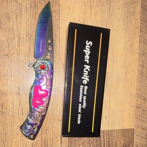 Super Knife Multicolor/Pink Metal Handle Drop Point Plain Blade Pocketknife