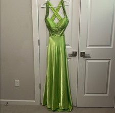 Dave  Johnny Green Satin Sequin Bodice Crisscross Back Sleeveless Gown 3/4
