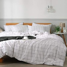 100 Natural Cotton 3pcs Plaid Duvet Cover Sets,White with Queen 90" 90" 0603