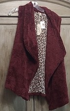 Sherpa Teddy Vest Medium Burgundy Drape Pockets Soft Fuzzy Boho Cozy Western