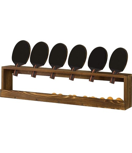 MyGift Vintage Rustic Wood Ping Pong Paddle Display Rack with Ball Storage Shelf