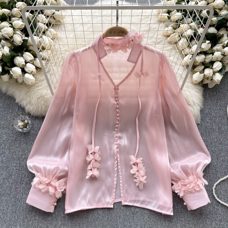 Women Satin Blouse Shirt Top V-Neck Puff Sleeve Shiny Sheer